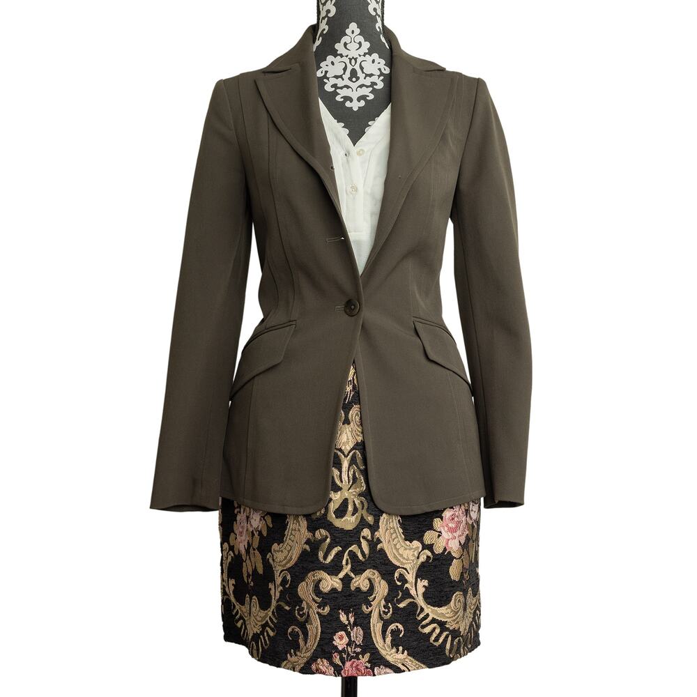 Women's Designer Nordstrom Caslon Olive Green Single Breasted Two Button Blazer